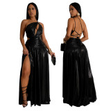 Women's Slash Shoulder Hollow High Slit Sexy Sleeveless Long Party Evening Dress