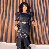 Women African mesh beaded fishtail dress with belt