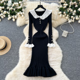 Women Autumn Retro Contrast Peter Pan Collar Ruffle Knitting Dress