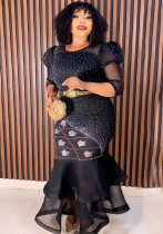 Women African mesh beaded fishtail dress with belt Women African mesh beaded fishtail dress with belt