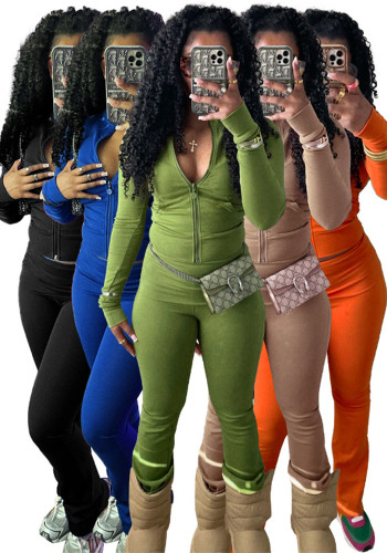 Women Sports Casual Zipper Top and Bell Bottom Pants Two-piece Set