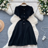 Women French Retro Turndown Collar Short Sleeve Sweater Dress