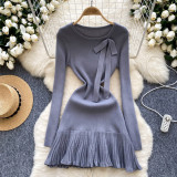 Women French knitting dress with bow and ruffles