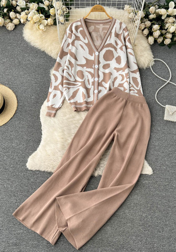 Women Autumn Printed Long Sleeve Knitting Top and Long Pants Two-piece Set