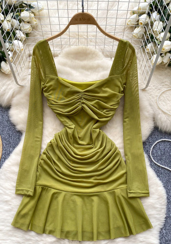 Women Autumn Pleated Square Neck Long Sleeve Ruffle Mesh Dress