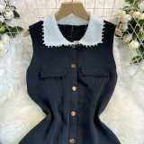 Women French Retro Contrast Turndown Collar Maxi Sleeveless Dress