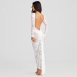 Women Lace Patchwork See-Through Backless Gathered Bodycon Dress