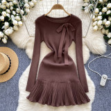 Women French knitting dress with bow and ruffles