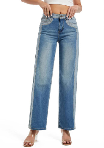 Plus Size Women autumn contrast color denim pants