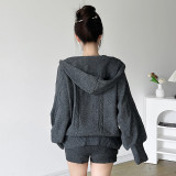 Women autumn hooded zipper top + shorts two-piece set