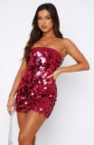 Women autumn solid sleeveless strapless sexy sequin bodycon dress