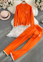 Women Autumn and Winter Zipper Embroidery Long Sleeve Knitting Top and Long Pants Two-piece Set Women Autumn and Winter Zipper Embroidery Long Sleeve Knitting Top and Long Pants Two-piece Set