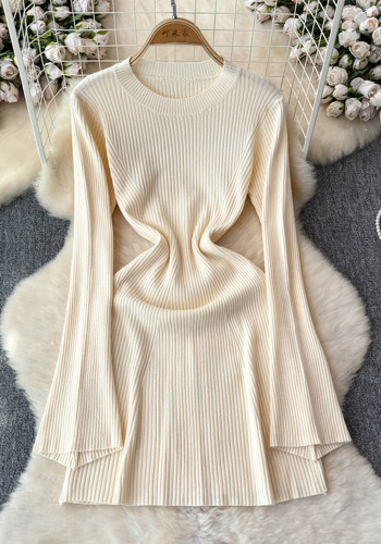 Women Autumn Long Sleeve Knitting Round Neck Dress
