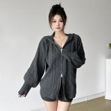 Women autumn hooded zipper top + shorts two-piece set