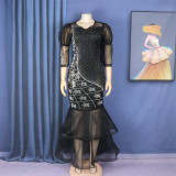 Women African mesh beaded fishtail dress with belt