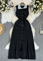 Women French Retro Contrast Turndown Collar Maxi Sleeveless Dress