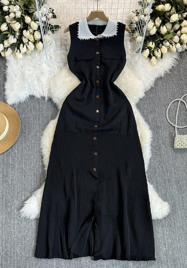 Women French Retro Contrast Turndown Collar Maxi Sleeveless Dress