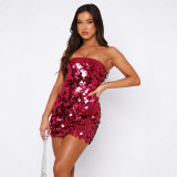 Women autumn solid sleeveless strapless sexy sequin bodycon dress