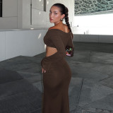 Women Long Sleeve Gathered Slit Bodycon Skirt