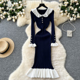Women Autumn Retro Contrast Peter Pan Collar Ruffle Knitting Dress
