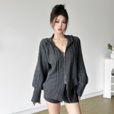 Women autumn hooded zipper top + shorts two-piece set