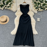 Women French Retro Contrast Turndown Collar Maxi Sleeveless Dress