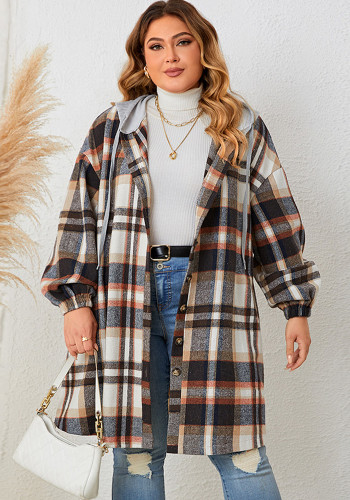 Women autumn and winter plaid hooded maxi coat