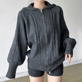 Women autumn hooded zipper top + shorts two-piece set