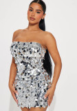Women autumn solid sleeveless strapless sexy sequin bodycon dress