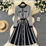 Women Autumn and Winter Metal Button Contrast Pleated Houndstooth Dress