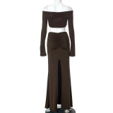 Women Long Sleeve Gathered Slit Bodycon Skirt