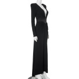Women V Neck Shoulder Pad Long Sleeve Slit Sexy Maxi Dress