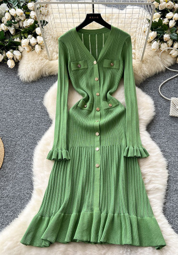 Women V-neck Metal Button Ruffle Dress