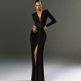 Women V Neck Shoulder Pad Long Sleeve Slit Sexy Maxi Dress