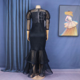 Women African mesh beaded fishtail dress with belt