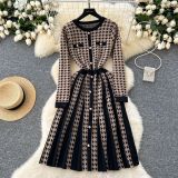 Women Autumn and Winter Metal Button Contrast Pleated Houndstooth Dress