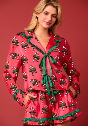 Christmas ribbon bow long sleeve top and shorts pajamas two-piece set