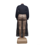 Plus Size Women's Black Pearl Mesh Patchwork Dress