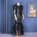 Women African mesh beaded fishtail dress with belt