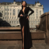 Women V Neck Shoulder Pad Long Sleeve Slit Sexy Maxi Dress