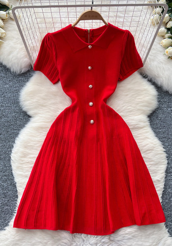 Women French Retro Turndown Collar Short Sleeve Sweater Dress