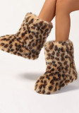 Women Long Fur Boots Warm Thick-soled Mid-calf Boots Leopard Print Snow Boots