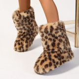 Women Long Fur Boots Warm Thick-soled Mid-calf Boots Leopard Print Snow Boots