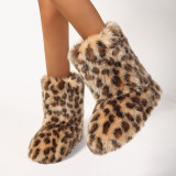 Women Long Fur Boots Warm Thick-soled Mid-calf Boots Leopard Print Snow Boots