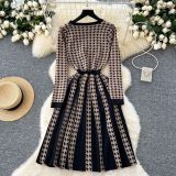 Women Autumn and Winter Metal Button Contrast Pleated Houndstooth Dress