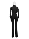 Women Sports Casual Zipper Top and Bell Bottom Pants Two-piece Set