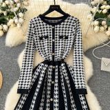 Women Autumn and Winter Metal Button Contrast Pleated Houndstooth Dress