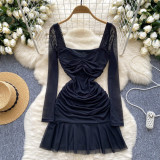 Women Autumn Pleated Square Neck Long Sleeve Ruffle Mesh Dress