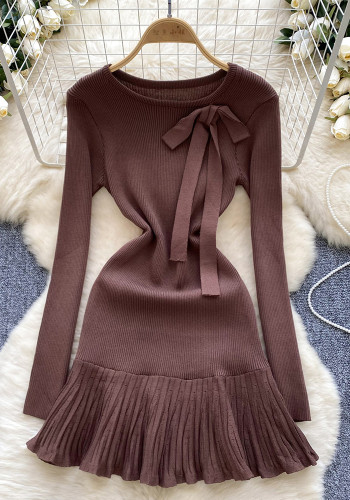 Women French knitting dress with bow and ruffles