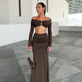 Women Long Sleeve Gathered Slit Bodycon Skirt